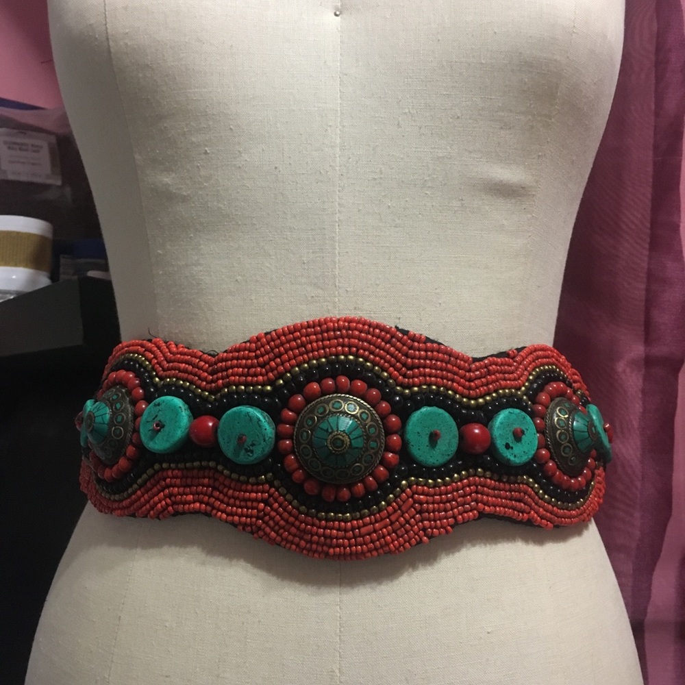 Turquoise and coral handmade belt.  No brand.  Artisan made.  Gorgeous! - Picture 7 of 7